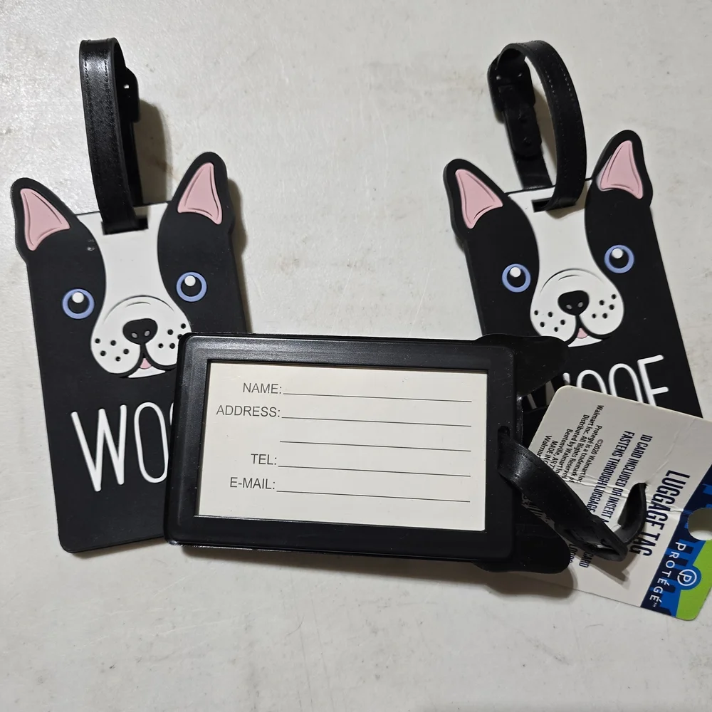 3 Protege Luggage Tags, Black and White Dog Tags, with Boston Terrier Design